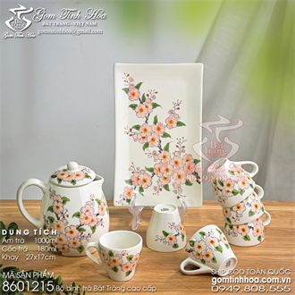 Bộ bình trà Bát Tràng 1 lít vẽ hoa đào phai