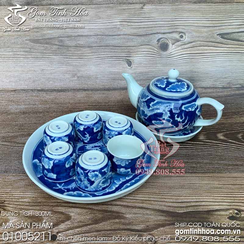 Ấm chén men lam cổ Đồ Nội Phủ - Đồ Ký Kiểu phục chế Gốm Tinh Hoa Bát Tràng Ấm chén quai C men lam cổ vẽ rồng ẩn khay liền Đồ Nội Phủ phục chế