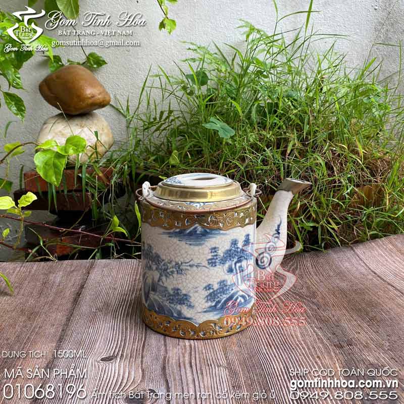 Ấm tích Bát Tràng men rạn cổ bọc đồng Gốm Tinh Hoa Ấm tích Bát Tràng 1,5 lít men rạn cổ bọc đồng