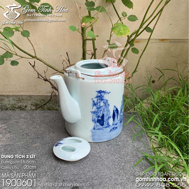 Ấm tích Bát Tràng 3 lít men lam cổ Gốm Tinh Hoa Ấm tích 3 lít men lam cổ Trúc lâm thất hiền