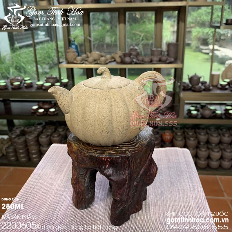 Ấm trà gốm hồng sa Gốm Tinh Hoa Bát Tràng Ấm trà Quả Bí gốm hồng sa Bát Tràng 280ml