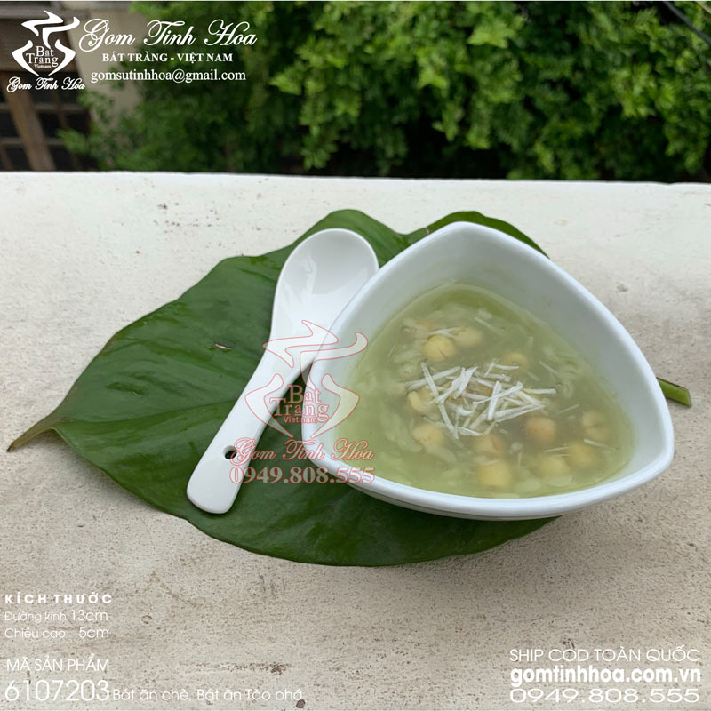 Bát ăn chè bát ăn tào phớ gốm sứ cao cấp Gốm Tinh Hoa Bát Tràng Bát ăn chè gốm sứ men trắng kèm thìa sứ