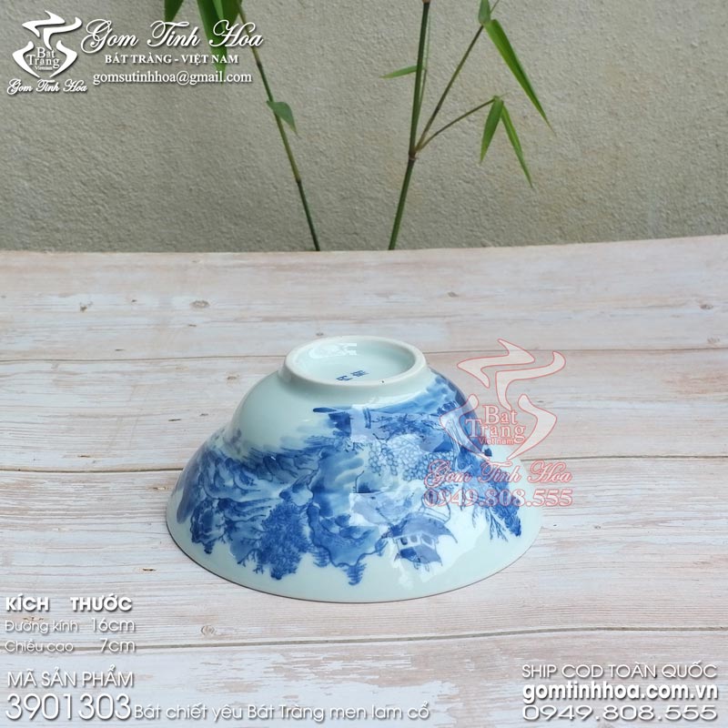 Bát chiết yêu Bát Tràng giả cổ Gốm Tinh Hoa Bát Tràng Bát chiết yêu Bát Tràng 16cm men lam cổ vẽ sơn thủy