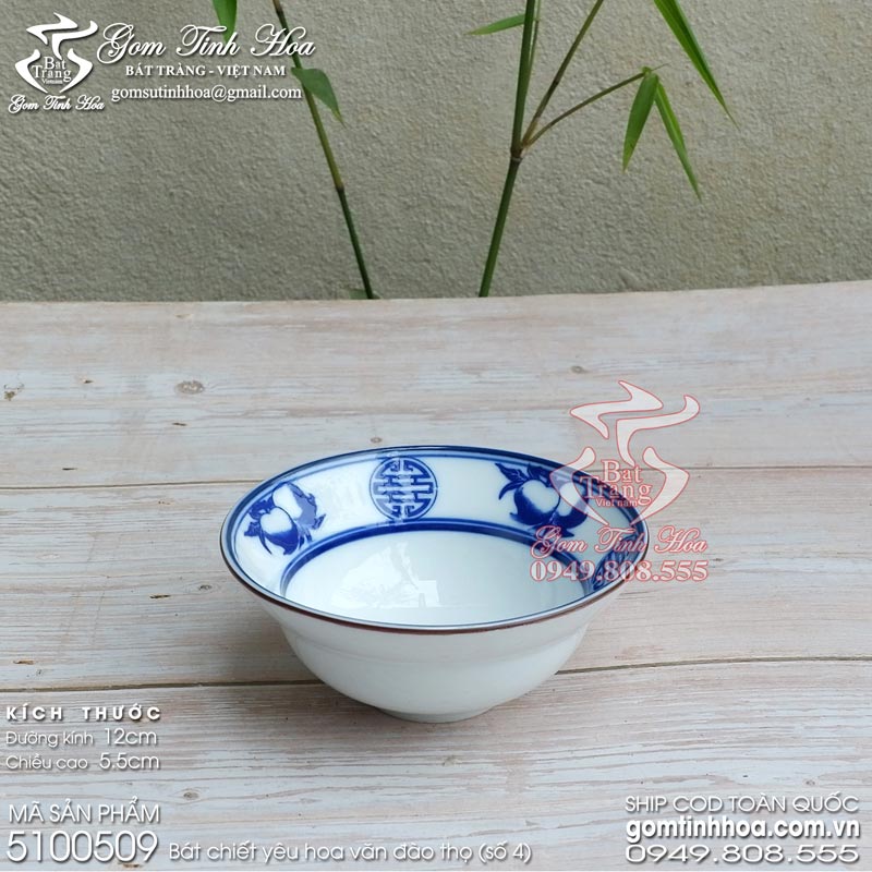 Bát chiết yêu giả cổ gốm sứ Bát Tràng cao cấp Gốm Tinh Hoa Bát chiết yêu 12cm hoa văn Đào thọ men lam cổ