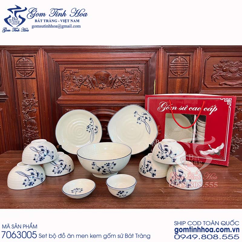 Bát đĩa bộ đồ ăn gốm sứ Bát Tràng cao cấp men kem Gốm Tinh Hoa Set bát đĩa bộ đồ ăn men kem vẽ hoa sen Coban