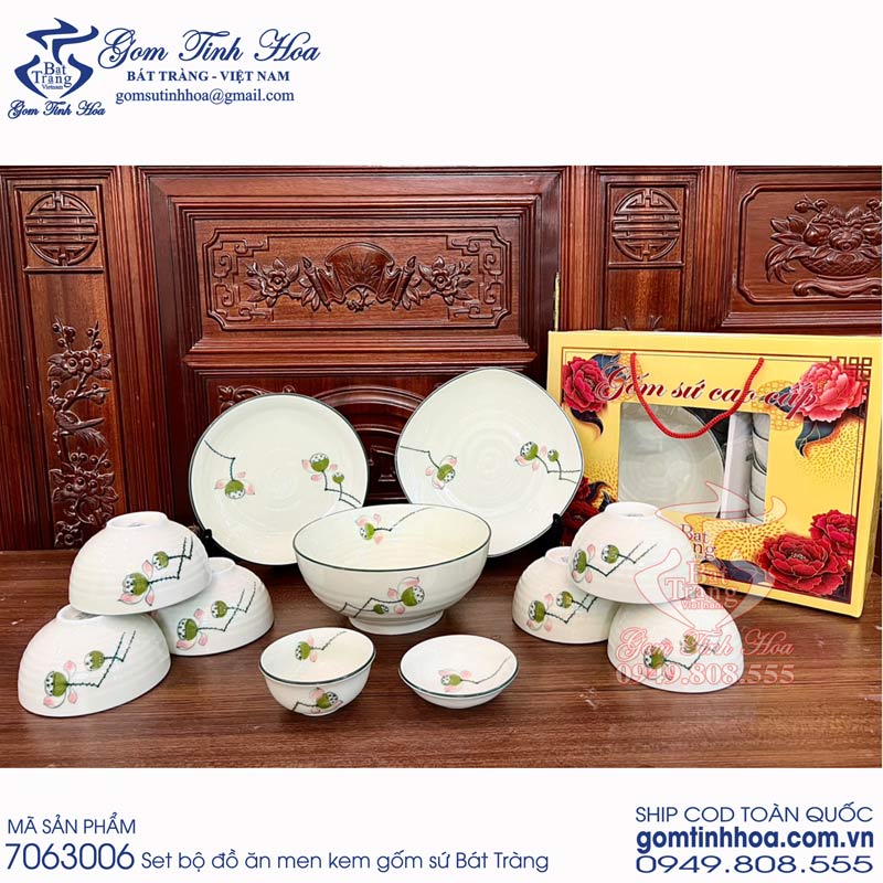 Bát đĩa bộ đồ ăn men kem gốm sứ cao cấp Gốm Tinh Hoa Bát Tràng Set bát đĩa bộ đồ ăn men kem vẽ hoa sen màu