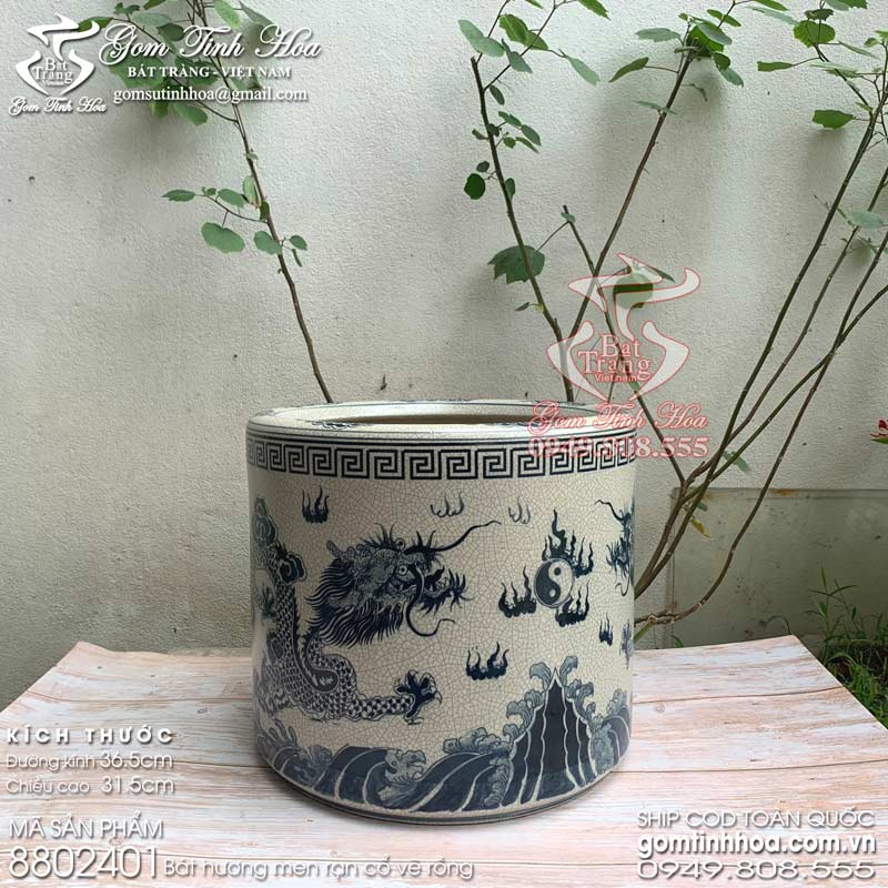 Bát hương men rạn cổ gốm sứ Bát Tràng cao cấp Gốm Tinh Hoa Bát hương men rạn cổ 35cm lưỡng long chầu nguyệt