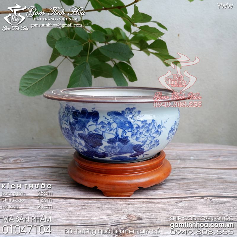 Bát hương quả lựu men lam cổ vẽ Lan Đằng Gốm Tinh Hoa Bát Tràng Bát hương quả lựu 28cm men lam cổ vẽ hoa sen