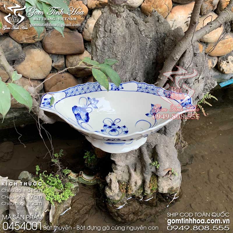 Bát bày gà cúng nguyên con bát đĩa thờ cúng gốm sứ Bát Tràng cao cấp Gốm Tinh Hoa Bát thuyền gốm sứ bát bày gà cúng nguyên con vẽ hoa sen xanh coban