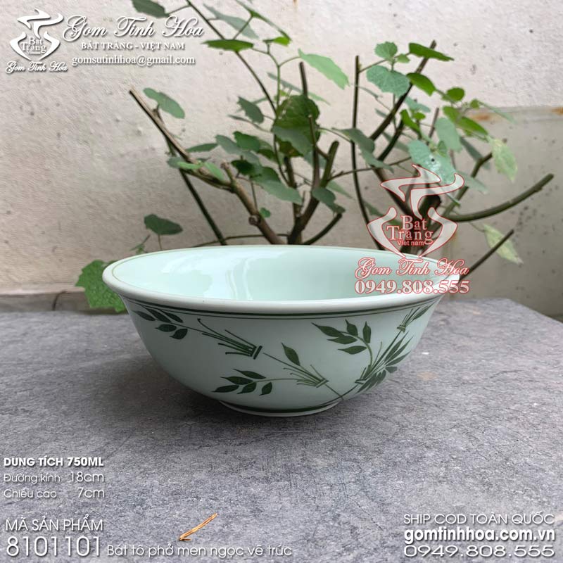 Bát tô bán bún miến phở gốm sứ Bát Tràng cao cấp Gốm Tinh Hoa Bát tô ăn phở đường kính 18cm men ngọc vẽ tre trúc