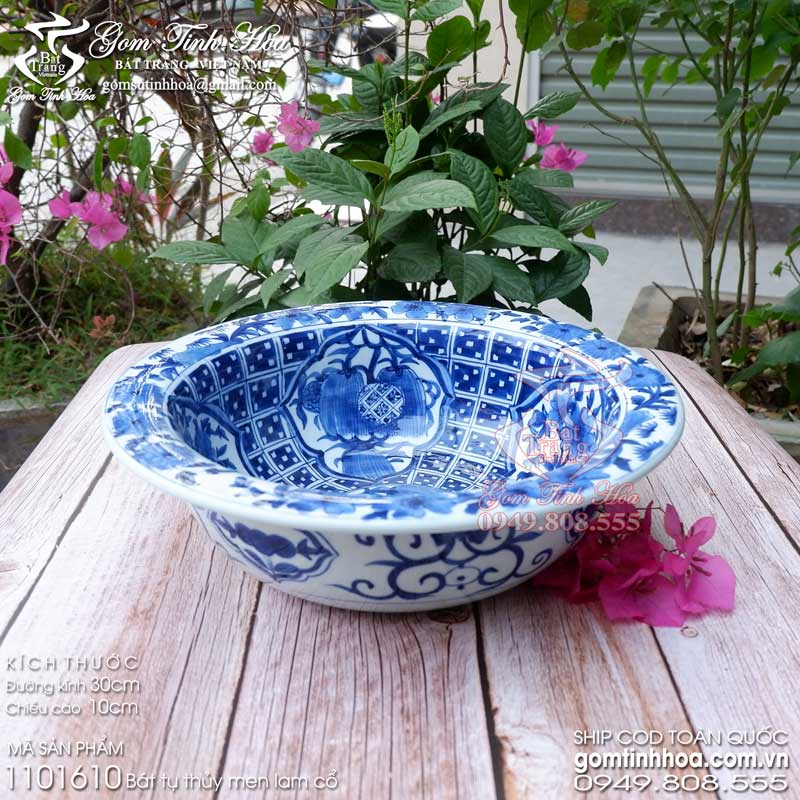 Bát tụ thủy Bát thả hoa men lam cổ Đồ Nội Phủ phục chế Gốm Tinh Hoa Bát Tràng Bát tụ thủy bát thả hoa men lam cổ vẽ cẩm quy Đồ Nội Phủ phục chế