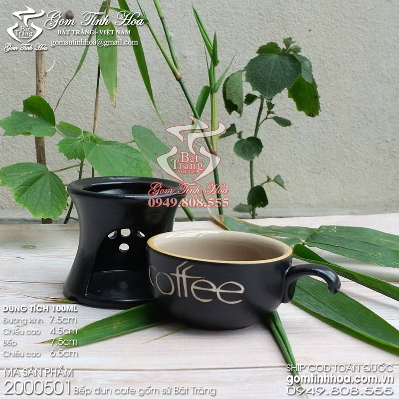 Bếp đun cafe gốm sứ Bát Tràng cao cấp Gốm Tinh Hoa Bếp đun cafe gốm sứ 100ml men đen lòng thủy tinh