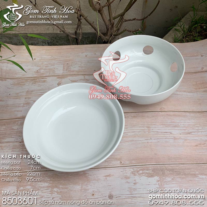 Bếp sứ đốt nến Bếp hâm nóng đồ ăn Bếp sứ bàn ăn gốm sứ Bát Tràng cao cấp Gốm Tinh Hoa Bếp sứ đốt nến hâm nóng đồ ăn bàn ăn men trắng đường kính 24cm