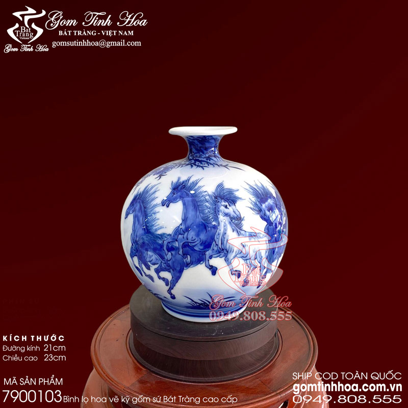 Bình hút tài lộc gốm sứ Bát Tràng cao cấp Gốm Tinh Hoa Bình hút tài lộc gốm sứ 23cm vẽ Mã đáo thành công men lam