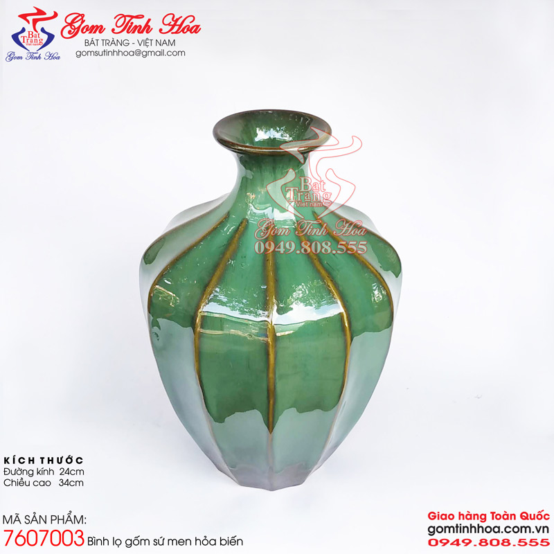Bình lọ gốm sứ cao cấp men hỏa biến Gốm Tinh Hoa Bát Tràng Bình lọ men hỏa biến màu ngọc lục bảo dáng bình khía múi to