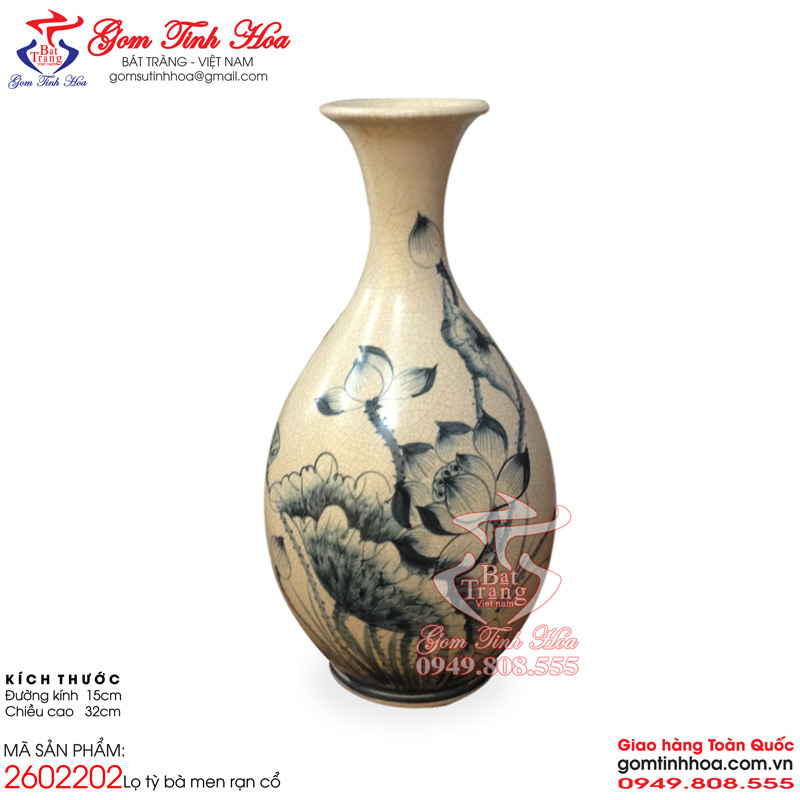 Bình tỳ bà men rạn cổ Gốm Tinh Hoa Bát Tràng Bình tỳ bà men rạn cổ vẽ hoa sen