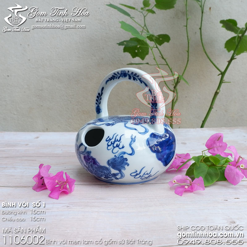 Bình vôi men lam cổ Đồ Nội Phủ Đồ Ký kiểu phục chế Gốm Tinh Hoa Bát Tràng Bình vôi men lam cổ vẽ Kỳ Lân đồ sứ men lam giả cổ