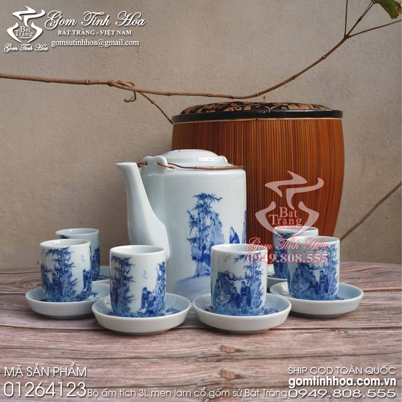 Bộ ấm tích trà xanh 3 lít men lam cổ kèm giỏ ủ ấm tích Bát Tràng cao cấp Gốm Tinh Hoa Bộ ấm tích 3 lít men lam cổ kèm giỏ ủ ấm tích Bát Tràng