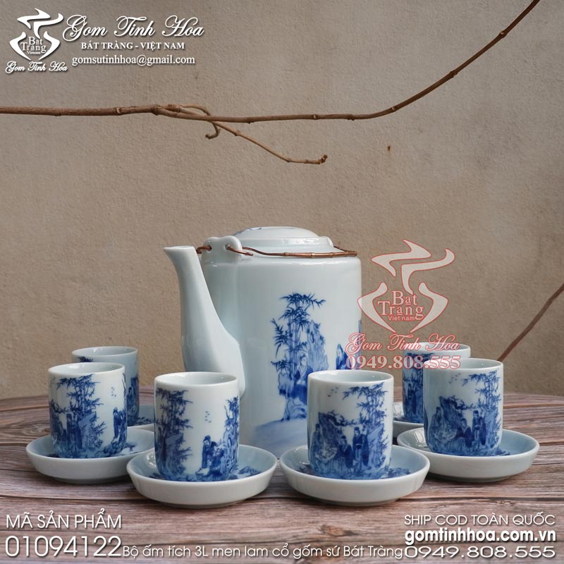 Bộ ấm tích trà xanh 3 lít men lam cổ Gốm Tinh Hoa Bát Tràng Bộ ấm tích 3 lít men lam cổ trúc lâm thất hiền