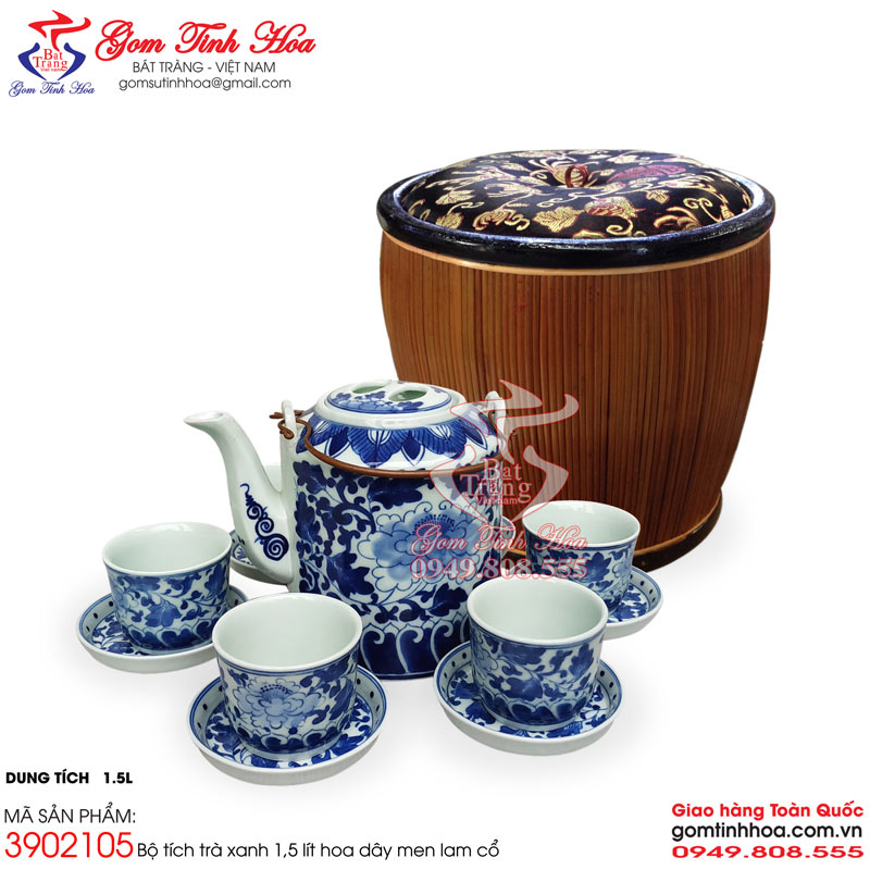 Bộ ấm tích ủ chè xanh 1,5 lít men lam cổ kèm giỏ ủ ấm tích Bát Tràng cao cấp Gốm Tinh Hoa Bộ ấm tích ủ chè xanh 1,5 lít hoa dây men lam cổ kèm giỏ ủ ấm Bát Tràng