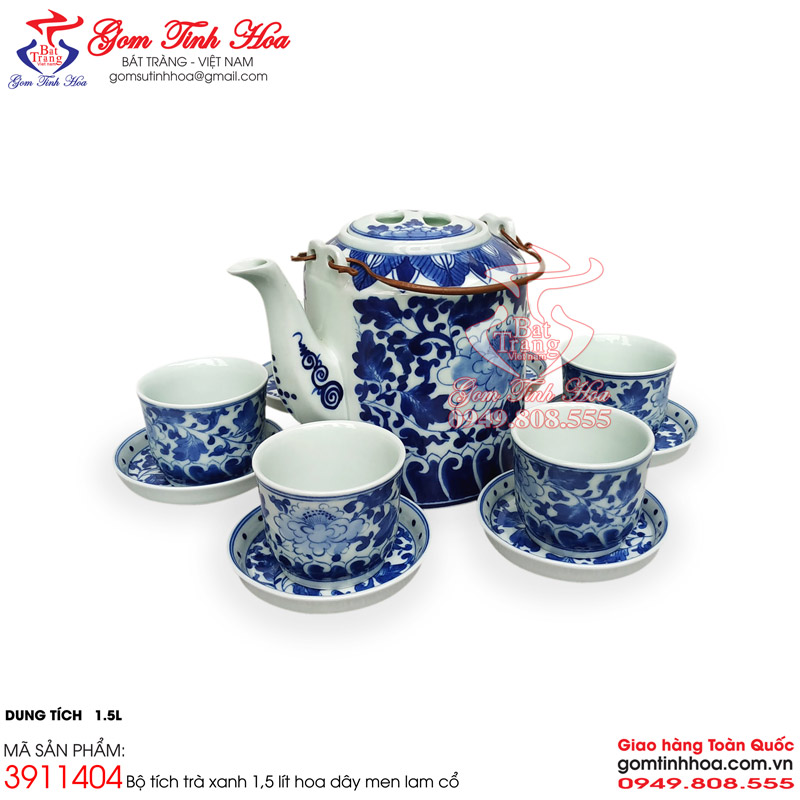 Bộ ấm tích trà xanh 1,5 lít men lam cổ Gốm Tinh Hoa Bát Tràng Bộ ấm tích trà xanh 1,5 lít hoa dây cổ men lam cổ