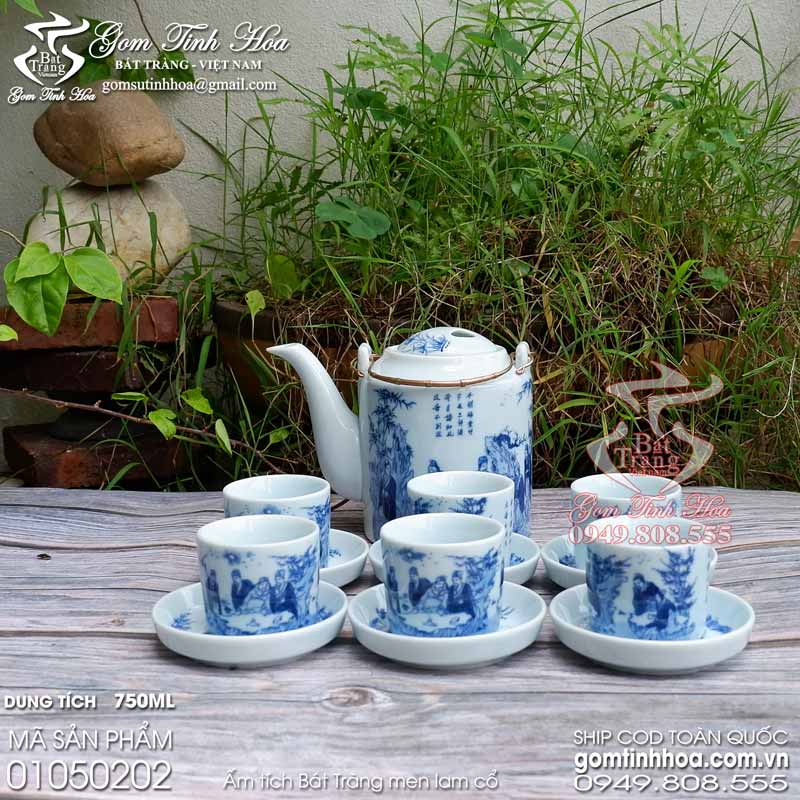 Bộ ấm tích 750ml men lam cổ Gốm Tinh Hoa Bát Tràng Bộ ấm tích 750ml men lam cổ Trúc Lâm Thất Hiền