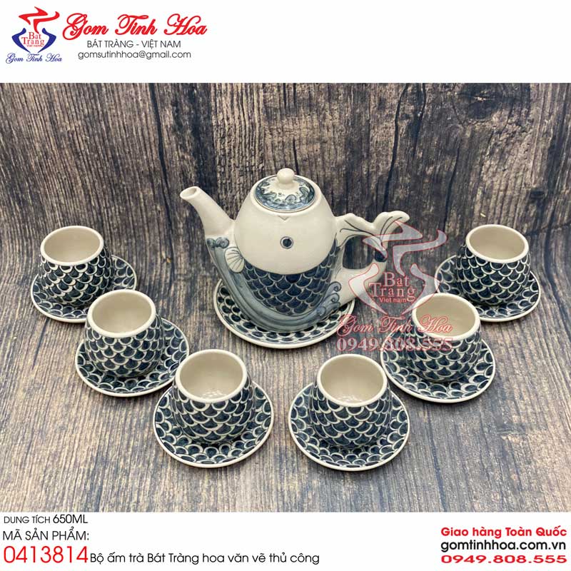 Bộ ấm trà Cá Chép men rạn Gốm Tinh Hoa Bát Tràng Bộ ấm trà Cá Chép men rạn