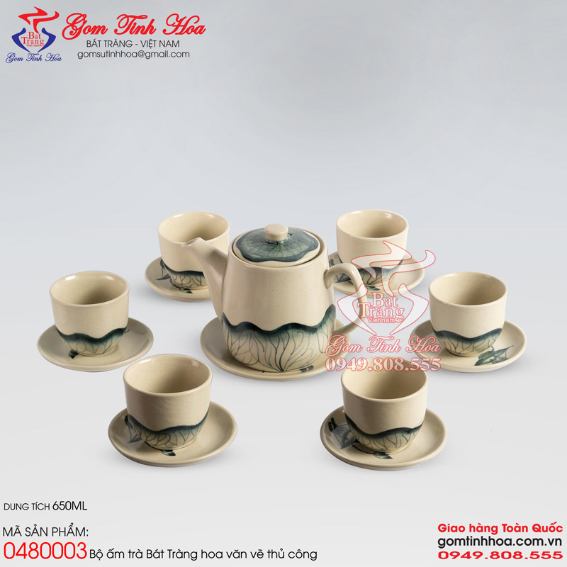 Bộ ấm trà gốm sứ Bát Tràng cao cấp Gốm Tinh Hoa Bộ ấm trà men rạn cổ dáng quả dưa vẽ hoa sen