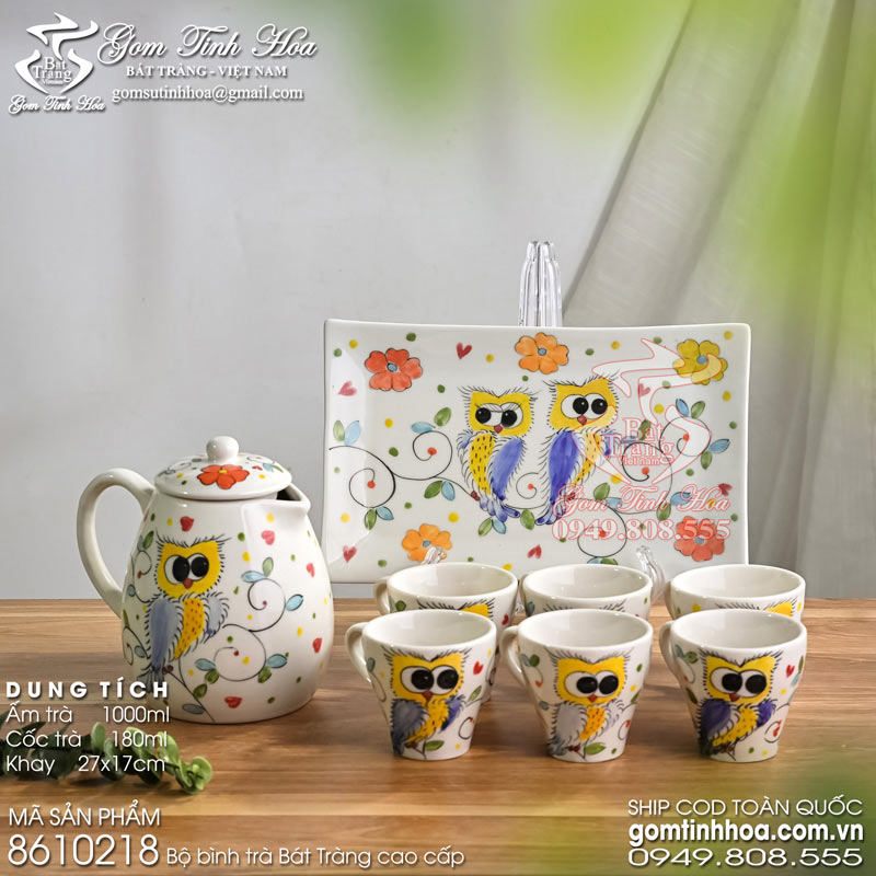 Bộ bình trà Bát Tràng cao cấp Gốm Tinh Hoa Bộ bình trà Bát Tràng 1 lít vẽ chim cú mèo