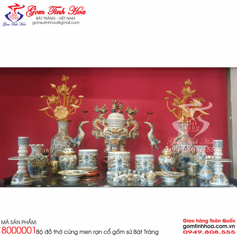 Đồ thờ cúng Bát Tràng men rạn cổ rồng nổi Gốm Tinh Hoa Bát Tràng Đồ thờ cúng Bát Tràng men rạn cổ rồng nổi
