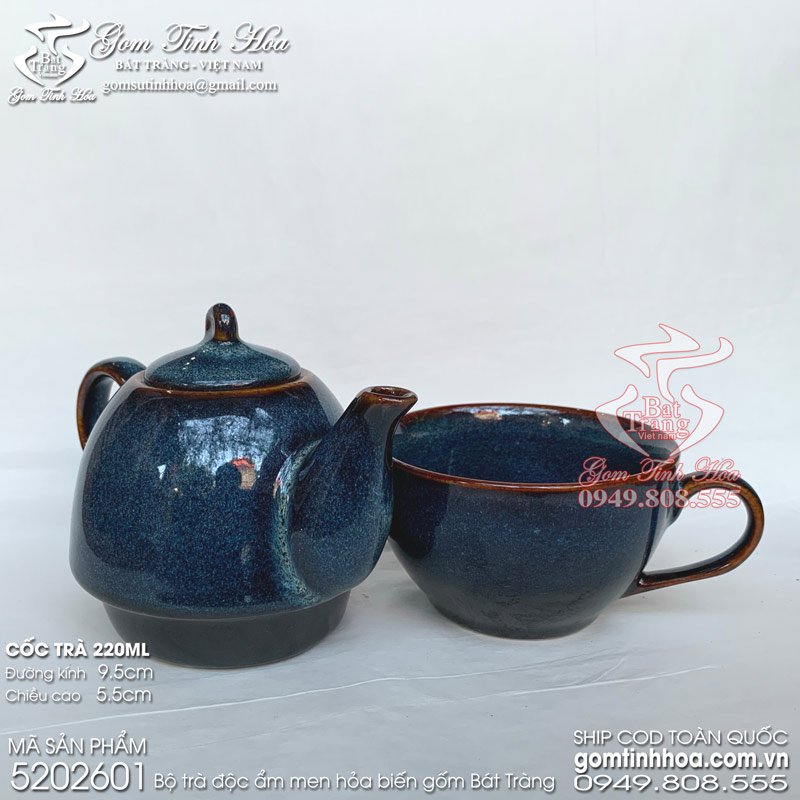 Bộ trà độc ẩm men hỏa biến gốm sứ Bát Tràng cao cấp Gốm Tinh Hoa Bộ trà độc ẩm men hỏa biến màu thiên thanh