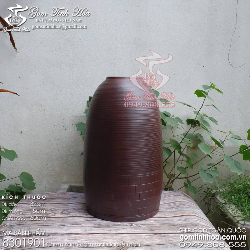 Chum sành cắm đào mai lê mận Gốm Tinh Hoa Bát Tràng Chum sành 60cm cắm mai đào Tết vân gạch