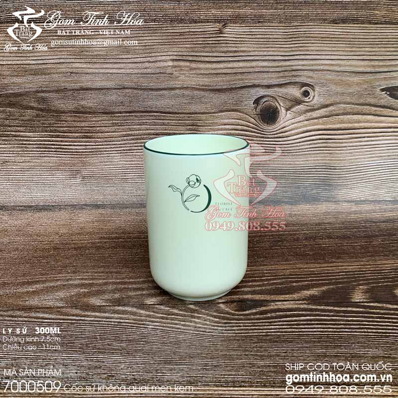 Ly cốc sứ khong quai 300ml men kem vẽ hoa sen xanh Gốm Tinh Hoa Bát Tràng Cốc sứ không quai 300ml men kem vẽ hoa sen xanh
