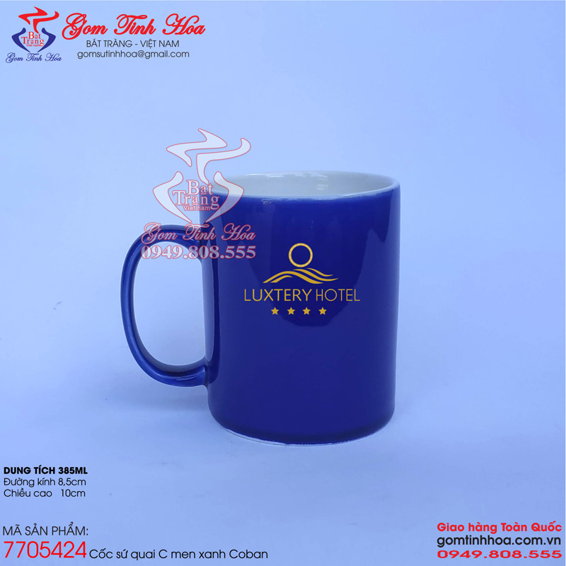 Cốc sứ quai C men xanh Coban, Cốc sứ quà tặng cao cấp Gốm Tinh Hoa Bát Tràng Cốc sứ quai chữ C men xanh Coban