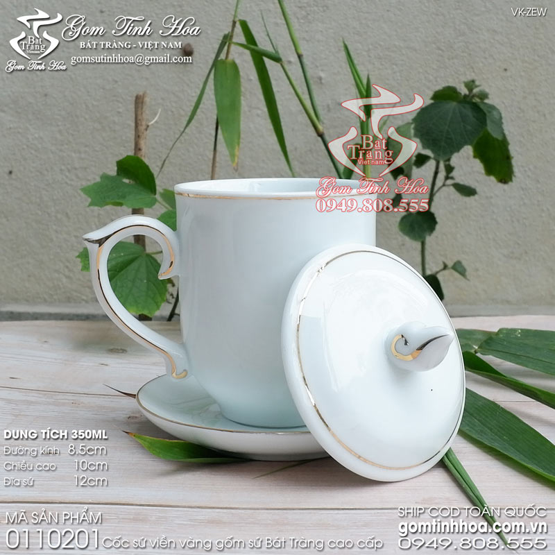 Ly cốc sứ viền vàng gốm sứ Bát Tràng cao cấp Gốm Tinh Hoa Ly cốc mẫu đơn viền vàng 350ml kèm đĩa sứ