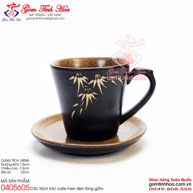 Cốc tách trà cafe gốm sứ cao cấp Gốm Tinh Hoa Bát Tràng Cốc tách trà cafe men đen lòng gốm khắc tre trúc