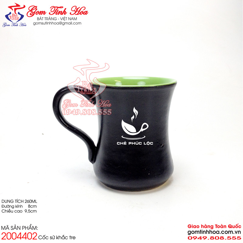 Cốc cafe gốm sứ Bát Tràng cao cấp Gốm Tinh Hoa Cốc uống cafe men đen lòng xanh khắc tre trúc