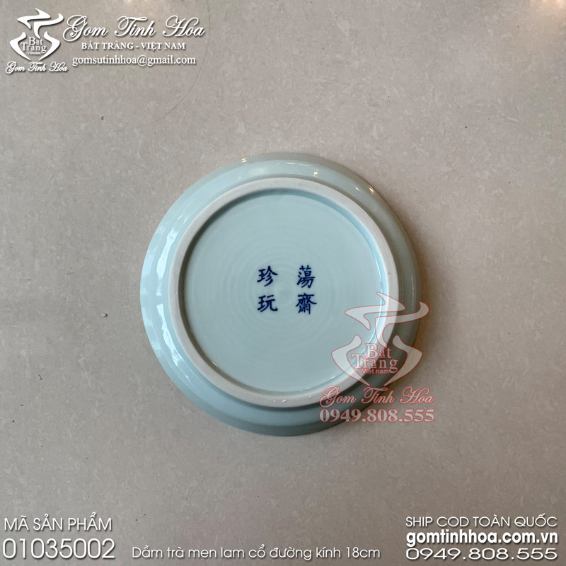 Dầm trà gốm sứ men lam cổ Đồ Ký Kiểu phục chế Gốm Tinh Hoa Bát Tràng Dầm trà men lam cổ tích Trương Lương dâng giày hiệu đề Đãng Trai Trân Ngoạn
