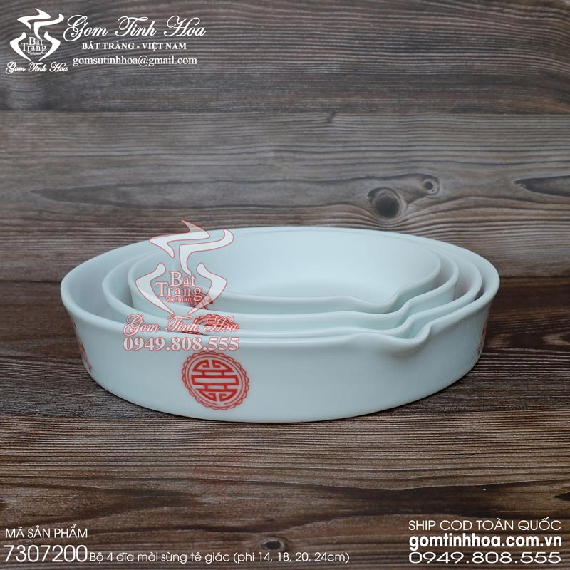 Đĩa mài sừng tê giác gốm sứ Bát Tràng cao cấp Gốm Tinh Hoa Bộ 4 đĩa mài sừng tê giác bằng gốm sứ cao cấp
