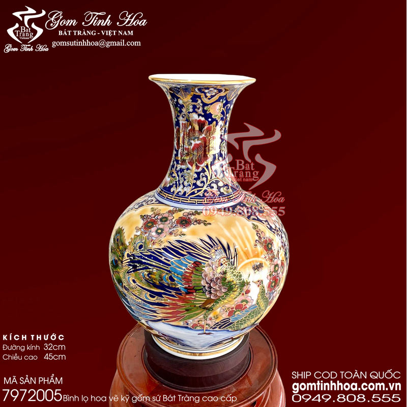 Bình lọ gốm sứ vẽ vàng 24K gốm sứ cao cấp Gốm Tinh Hoa Bát Tràng Bình lọ củ tỏi 45cm vẽ vàng 24K tích Công Đào
