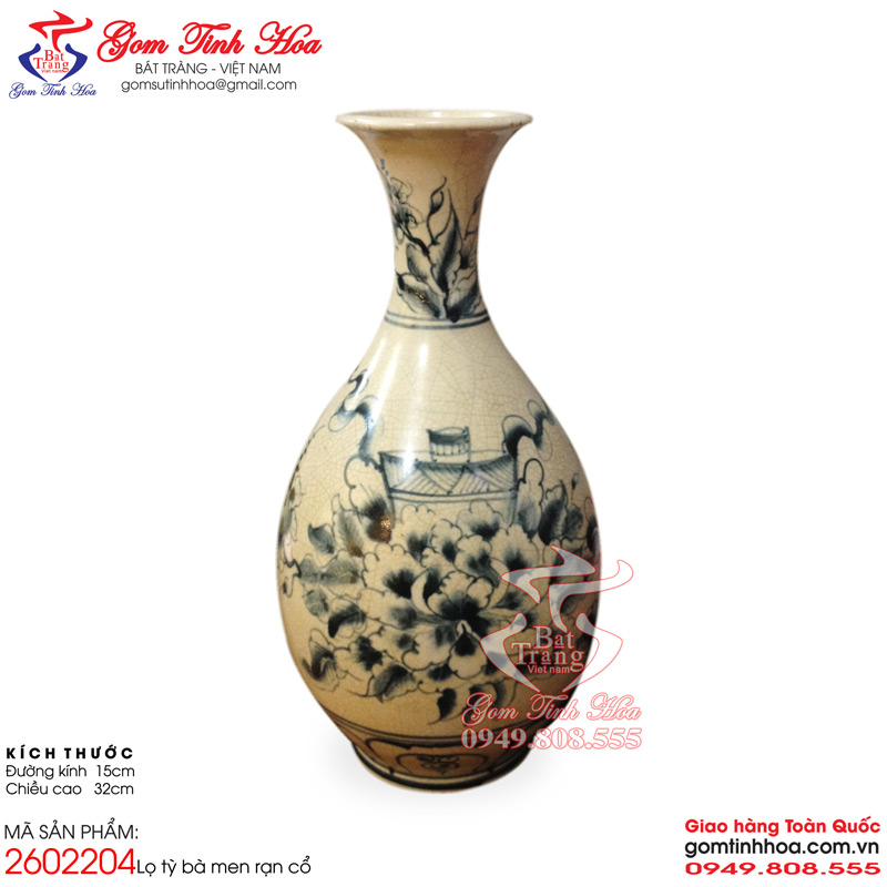 Bình tỳ bà men rạn cổ Gốm Tinh Hoa Bát Tràng Bình tỳ bà men rạn cổ vẽ hoa phù dung