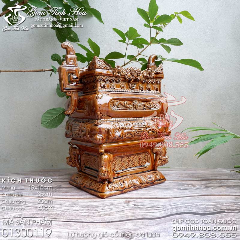 Lư hương giả cổ Đồ thờ cúng Bát Tràng giả cổ Gốm Tinh Hoa Lư hương gốm sứ giả cổ hình chữ nhật men nâu da lươn