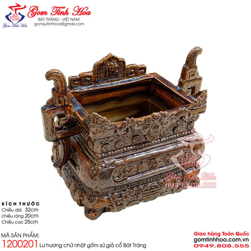 Lư hương gốm sứ Bát Tràng giả cổ Gốm Tinh Hoa Lư hương gốm sứ Bát Tràng giả cổ hình chữ nhật men nâu