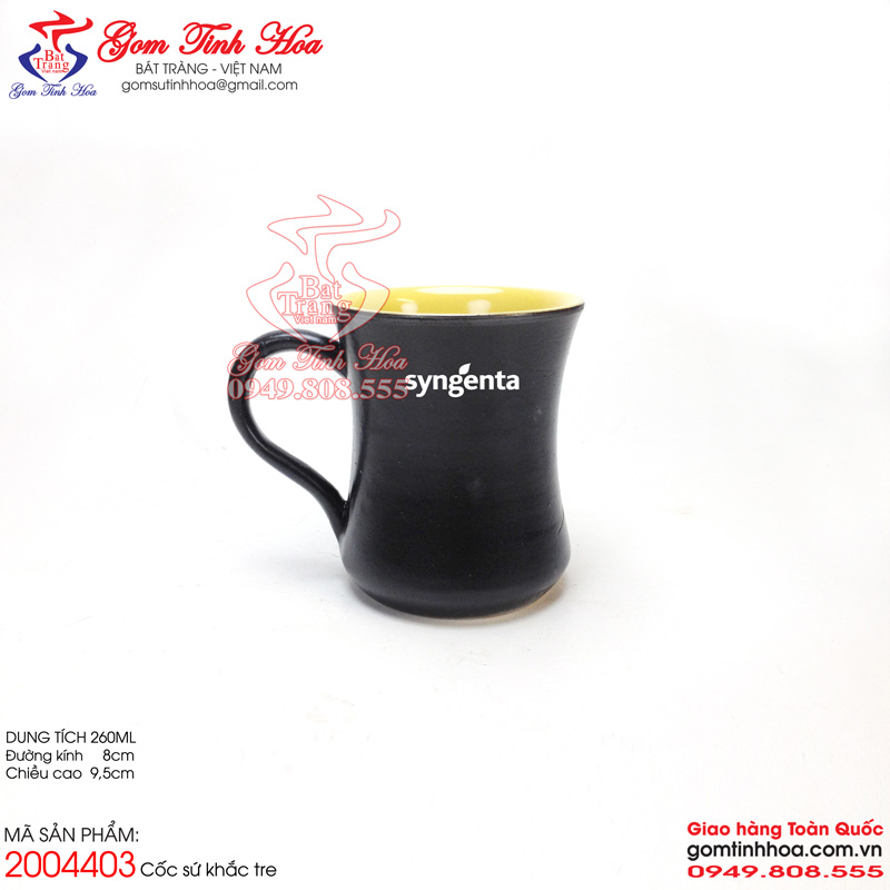 Ly cafe gốm sứ Bát Tràng cao cấp Gốm Tinh Hoa Ly cafe gốm sứ men đen lòng vàng khắc tre