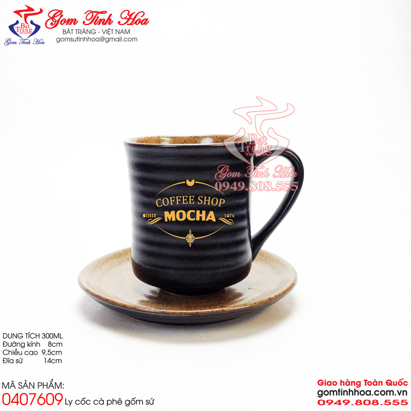 Ly cốc cà phê gốm sứ cao cấp Gốm Tinh Hoa Bát Tràng Ly cốc cà phê men đen lòng gốm