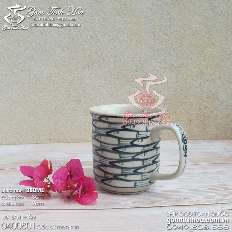 Ly cốc sứ men rạn gốm sứ Bát Tràng cao cấp Gốm Tinh Hoa Ly cốc sứ Bát Tràng men rạn vẽ cá đàn