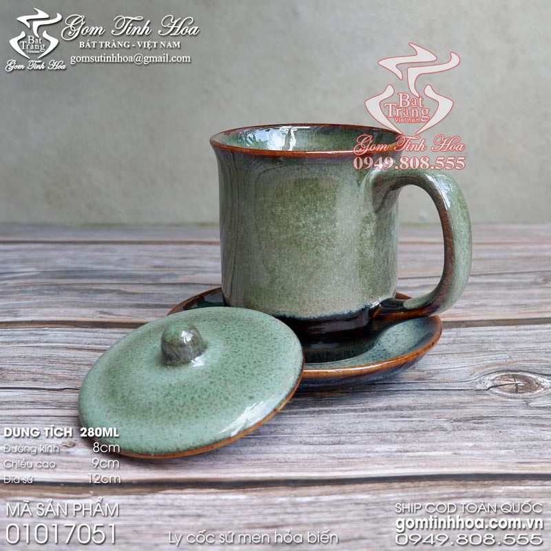 Ly cốc sứ có nắp men hỏa biến Gốm Tinh Hoa Bát Tràng Ly cốc sứ có nắp kèm đĩa kê men hỏa biến Thỏ Ngọc