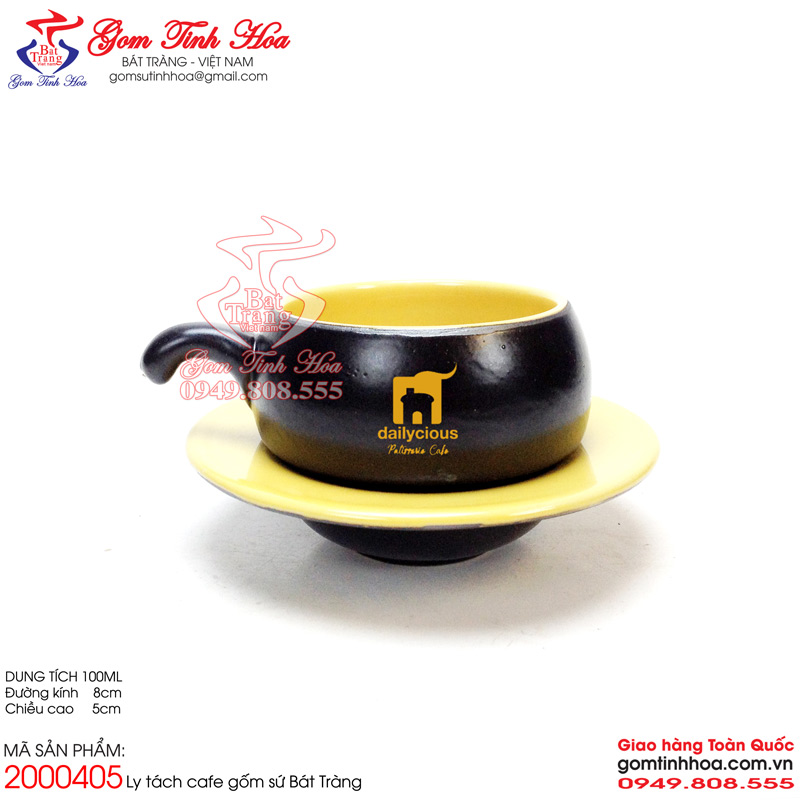 Ly tách cafe in logo Ly cốc tách đẹp cho quán cà phê Gốm Tinh Hoa Bát Tràng Ly tách cafe gốm sứ men đen lòng vàng