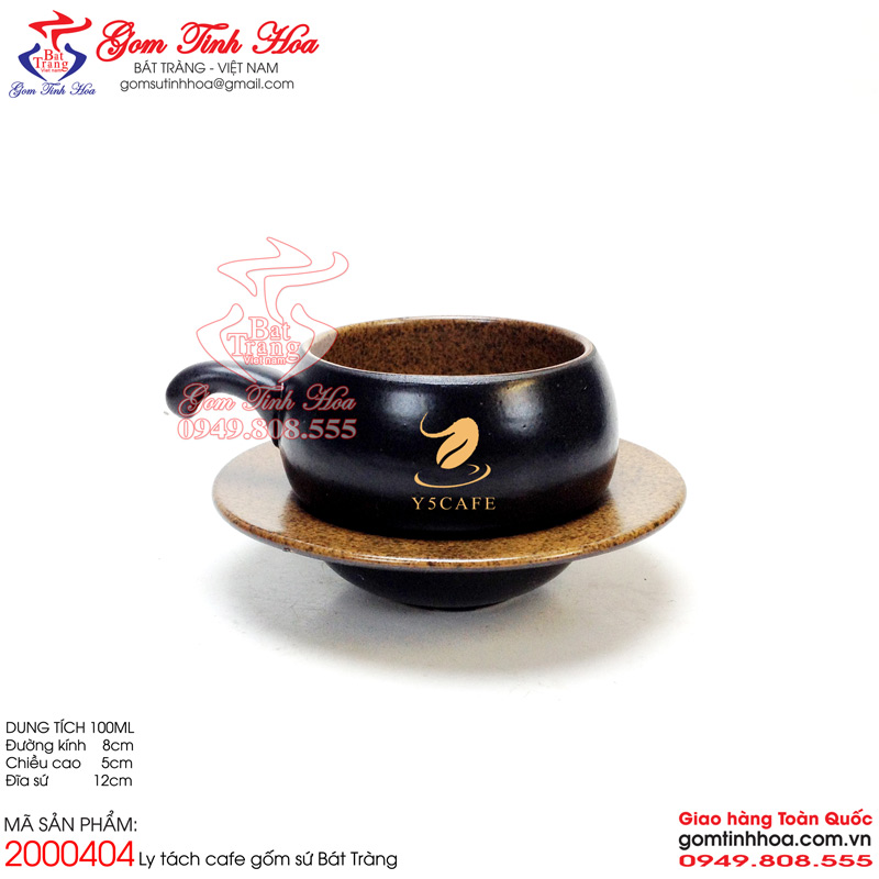 Ly tách cafe in logo Ly cốc tách đẹp cho quán cà phê Gốm Tinh Hoa Bát Tràng Ly tách cafe men đen lòng gốm