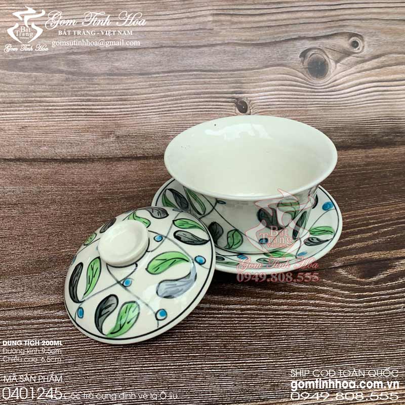 Ly cốc uống trà hoa Ly cốc trà cung đình gốm sứ cao cấp Gốm Tinh Hoa Bát Tràng Ly cốc uống trà hoa ly cốc trà cung đình vẽ lá Ô-liu